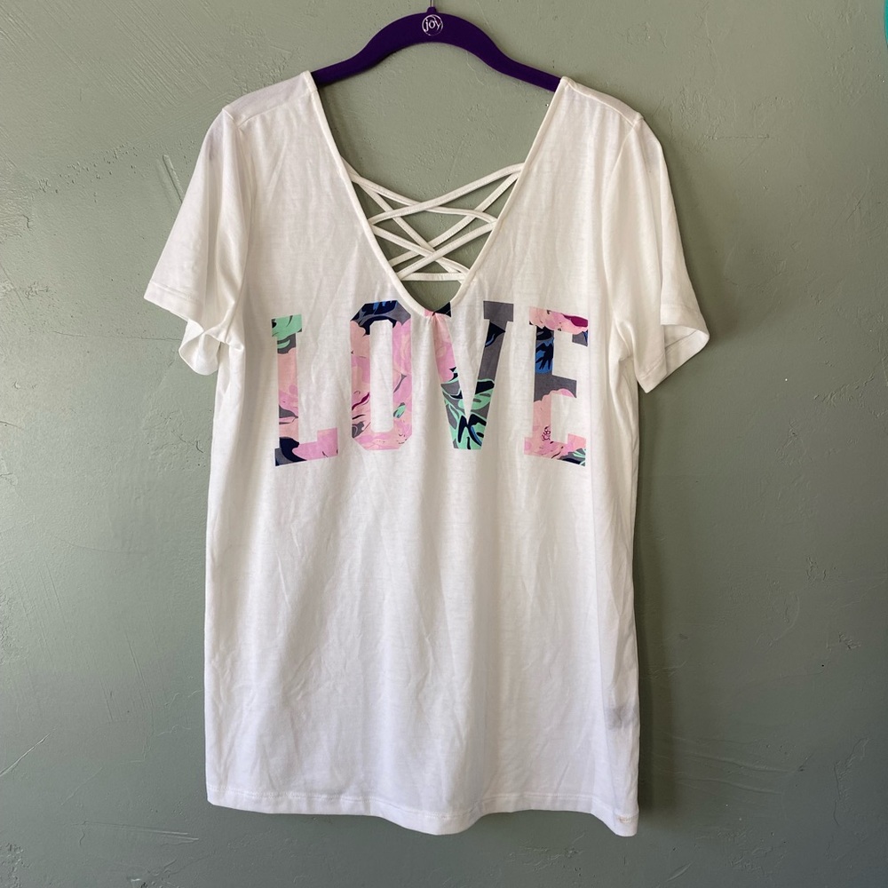 Honey & Sparkle brand tee, crisscross neckline straps, size Medium
